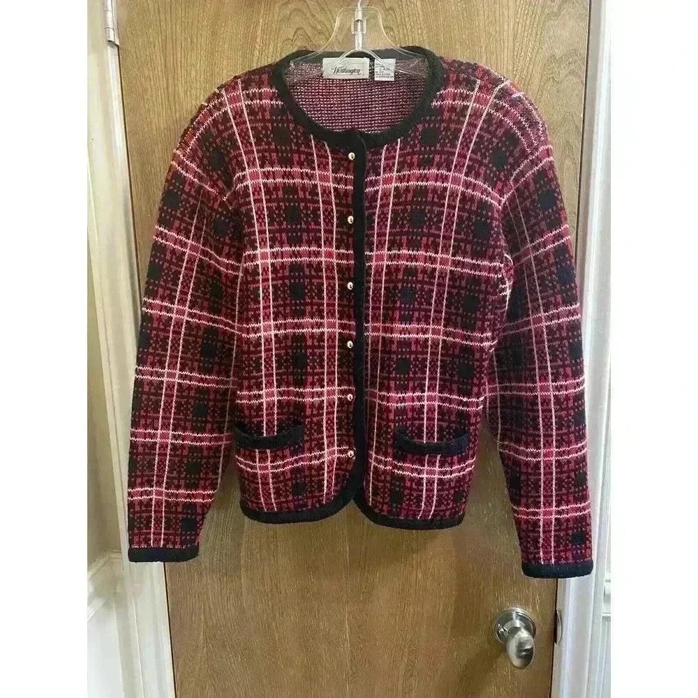 Worthington Vtg 80s Plaid Cardigan Winter Christmas Red Gold Buttons Size S 4/6